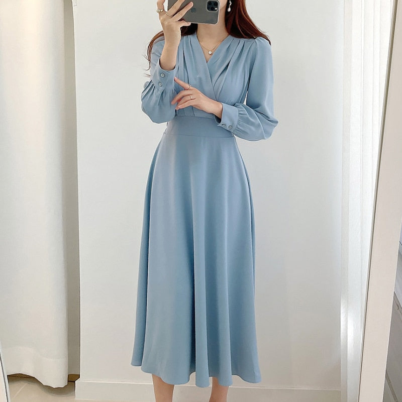 Elegantes Damenkleid mit Puffärmeln V-Ausschnitt A-Linie