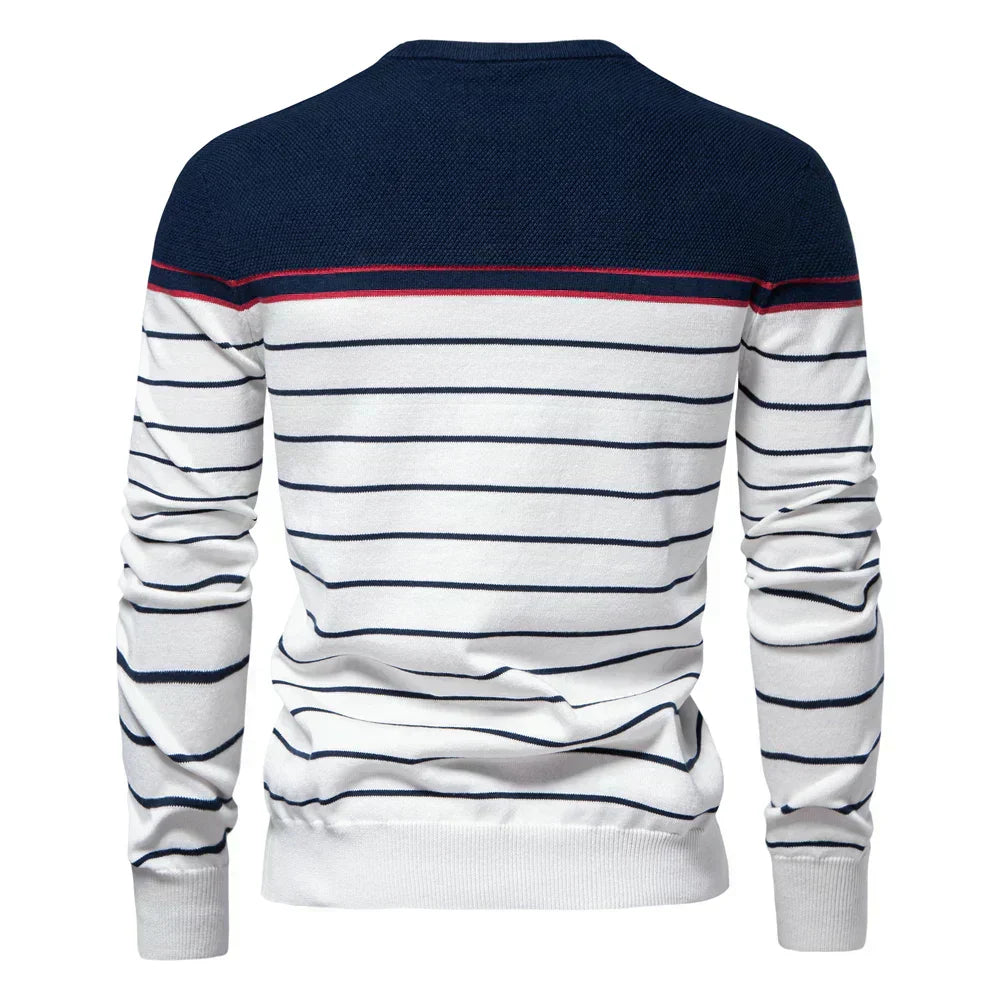 Herren Pullover Streifenmuster Merino-Wolle Bequem Marineblau