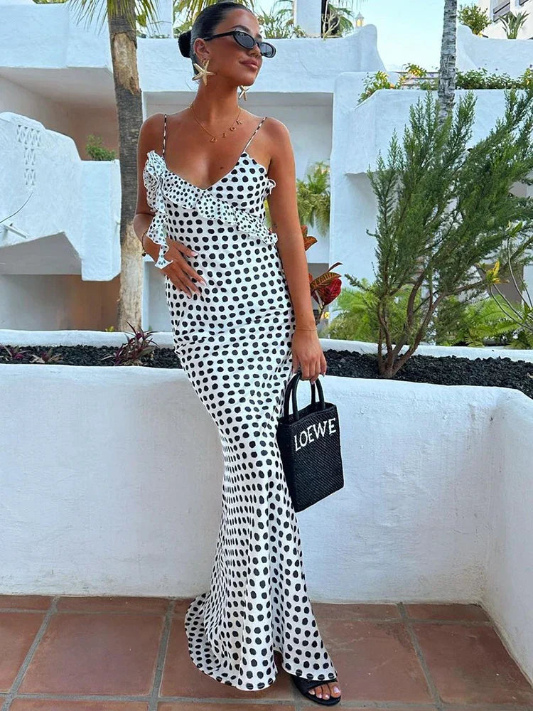 Damen Maxikleid Spaghettiträger Punktemuster Lang
