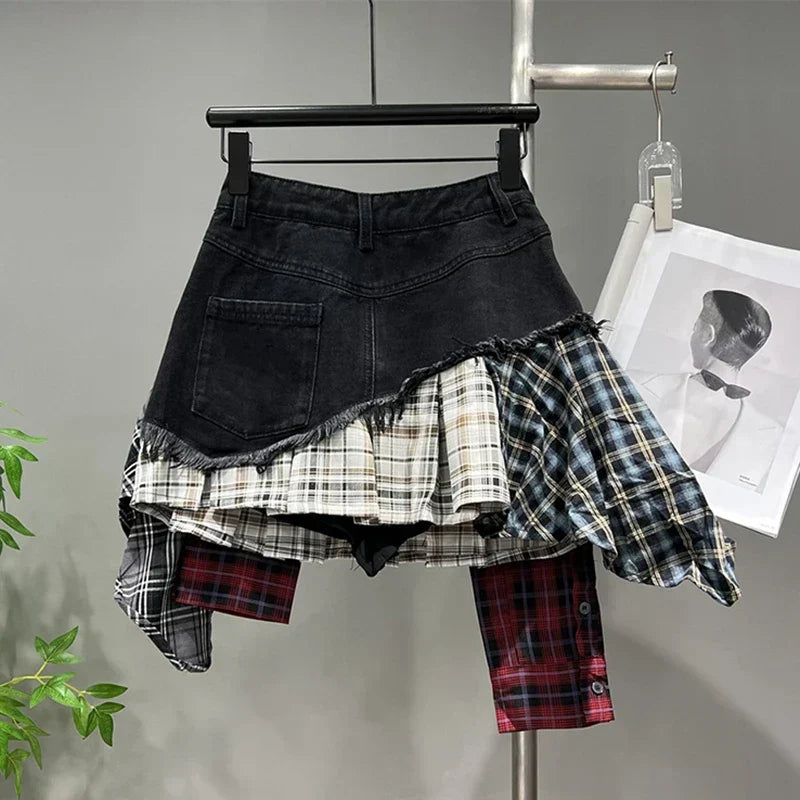 Damen Denim Mini-Rock Patchwork Kariert Hochtaille Dunkelblau