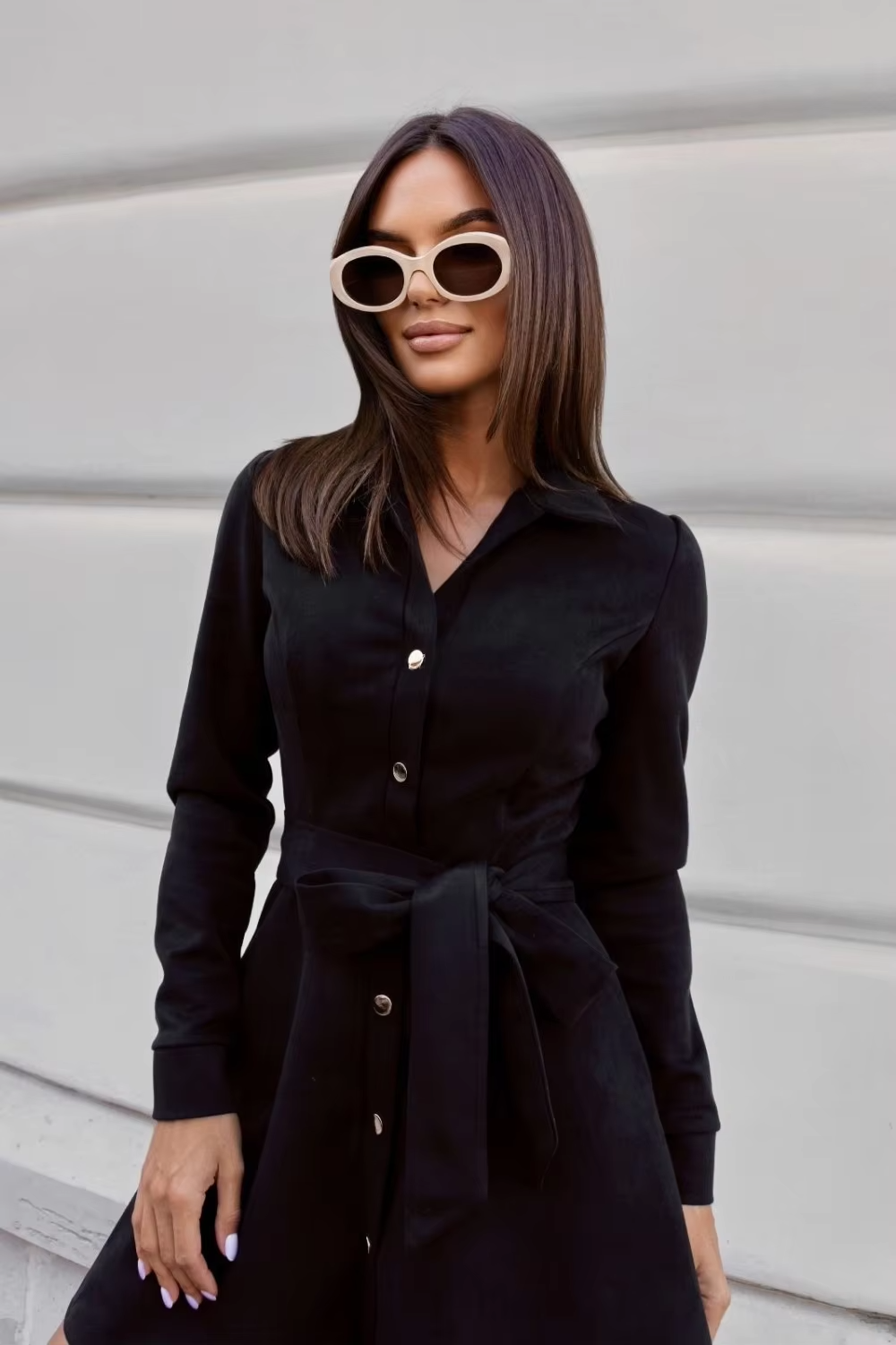 Damen Minikleid Wildlederoptik Mit Bindegürtel Knopfleiste