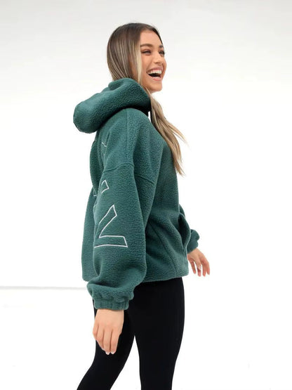 Oversize Teddy Hoodie Damen Grün mit Rückenprint