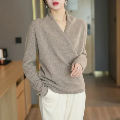 Damen Kaschmir Wickelpullover Weich Beige