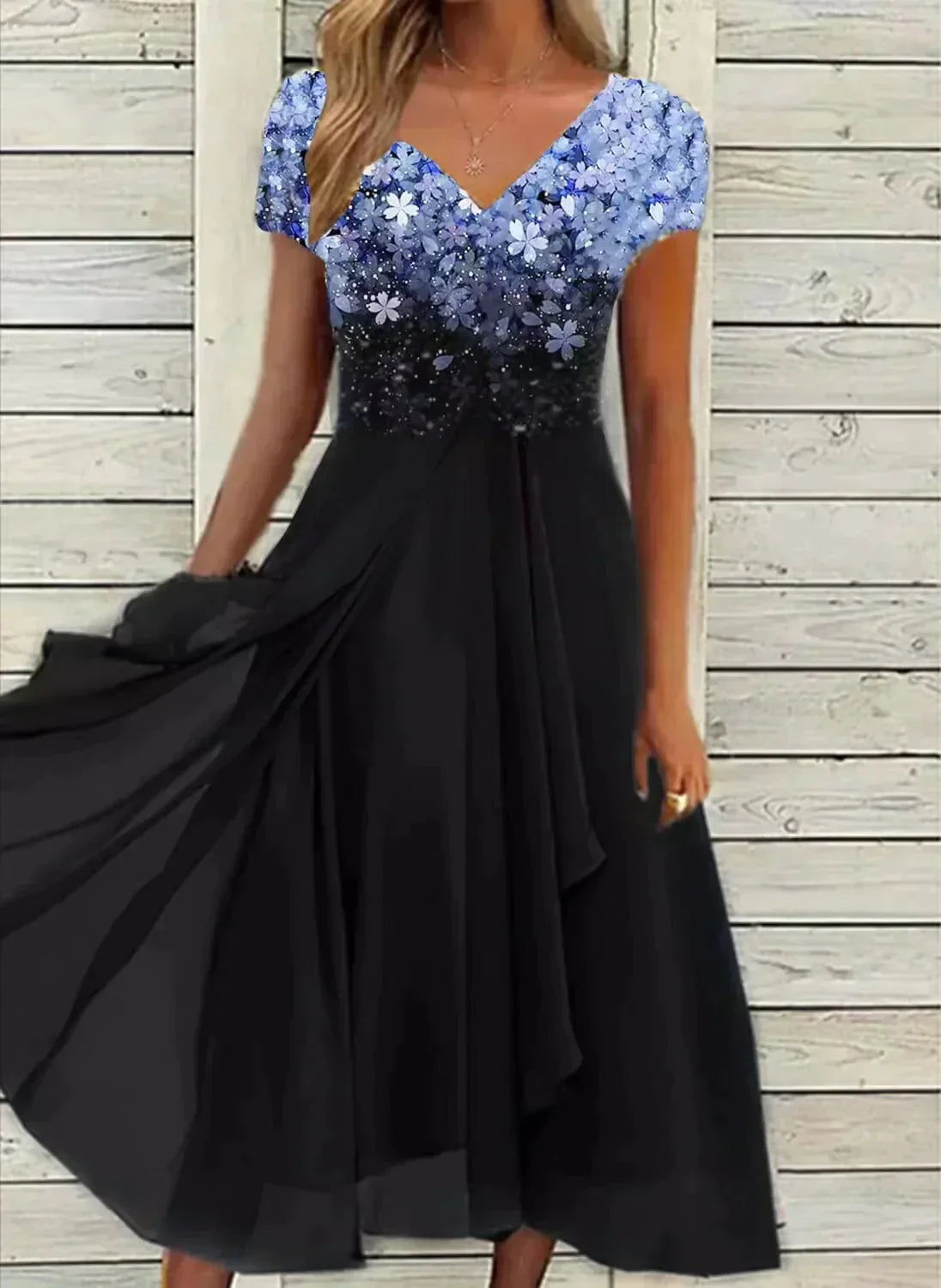 Damen Fließendes Blumenkleid mit kurzen Ärmeln - Norvielle