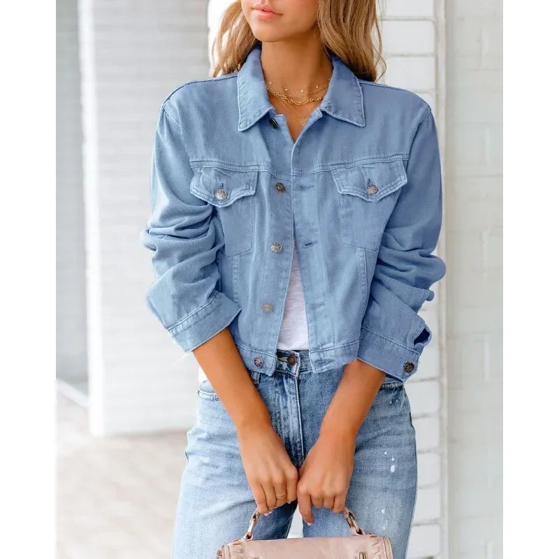 Damen Denimjacke Lange Ärmel Einfach Blau - Norvielle