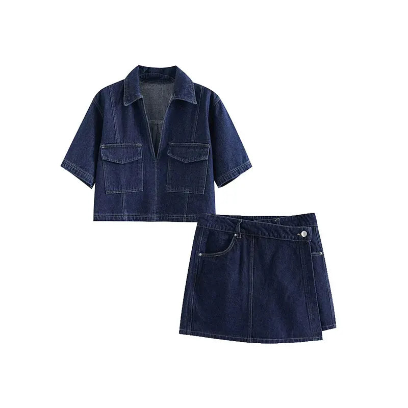 Damen Denim Set Kurzarm Jeansjacke Asymmetrischer Minirock - Norvielle