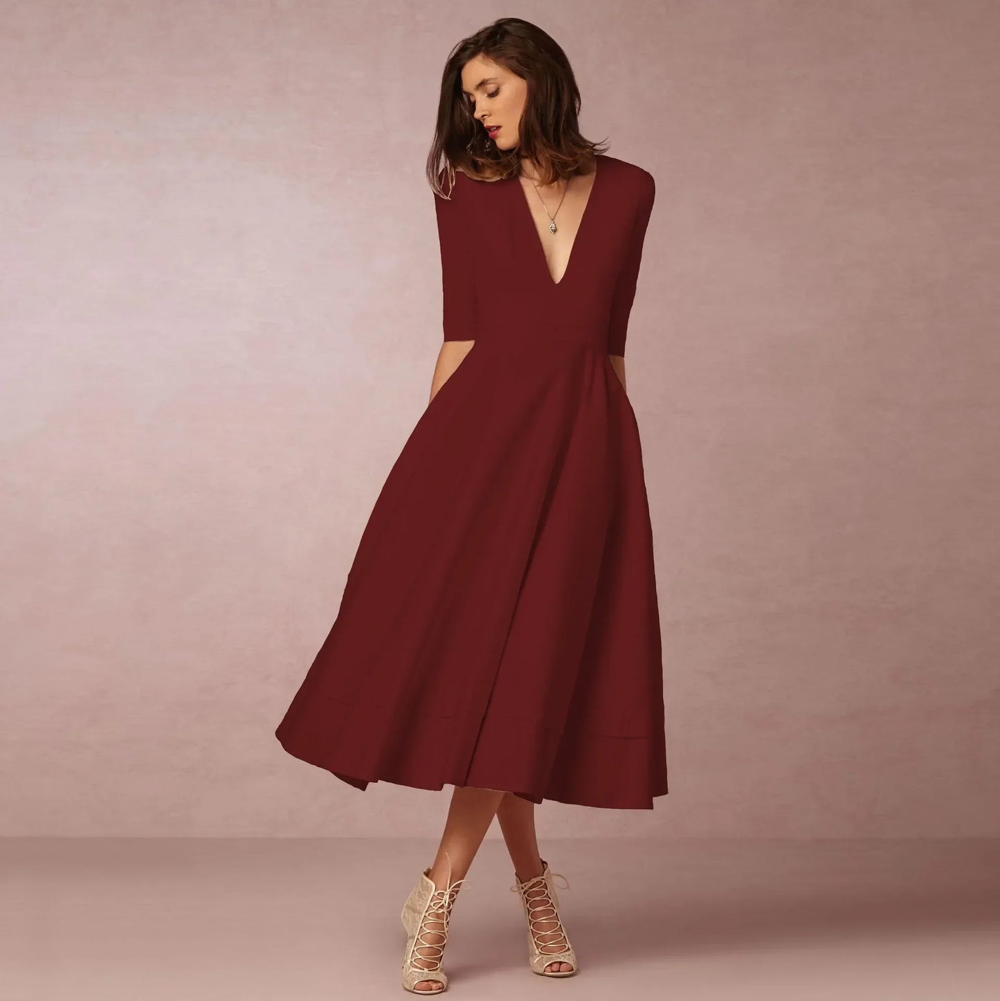 Damen Midi Hochzeitsgastkleid V-Ausschnitt