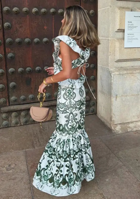 Damen Maxi-Kleid Gemustert Sommer Volants Rückenausschnitt - Norvielle