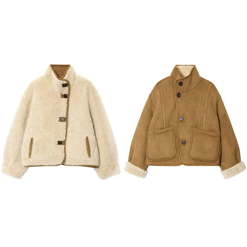 Marvella Damen Wendejacke Shearling Knöpfe Schwarz - Norvielle