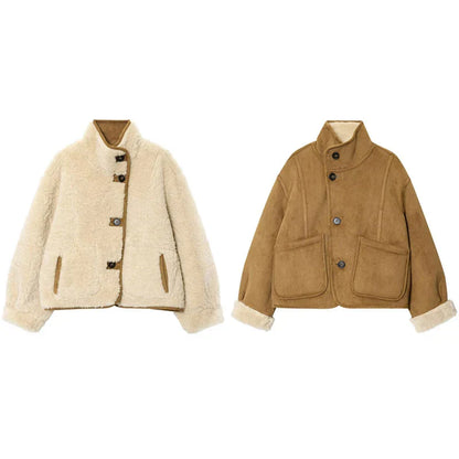 Marvella Damen Wendejacke Shearling Knöpfe Schwarz - Norvielle