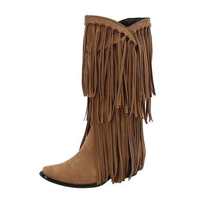 Damen Stiefel Fransen Blockabsatz