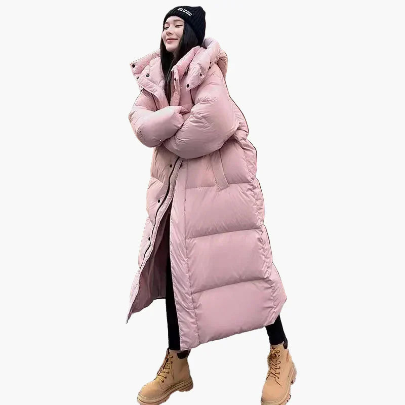 Damen Oversized Puffermantel Lang Kapuze Schwarz - Norvielle