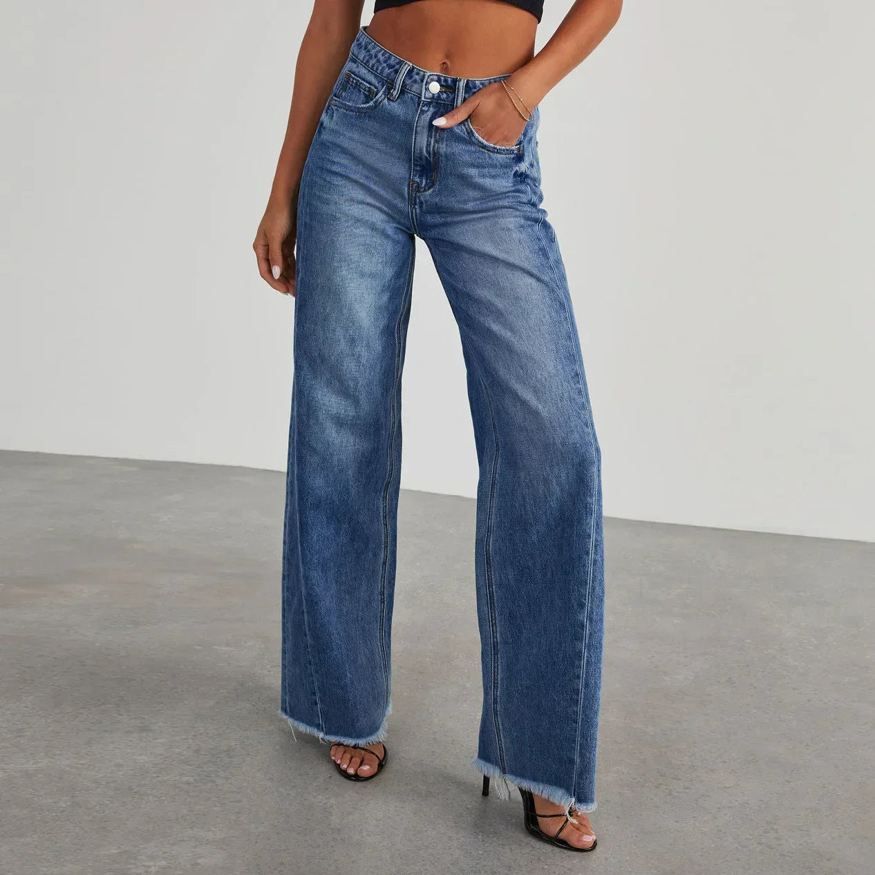 Damen Weitbein Jeans Grau Raw Hem