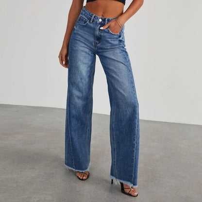 Damen Weitbein Jeans Grau Raw Hem