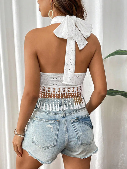 Damen Neckholder- aus Spitze mit Fransen