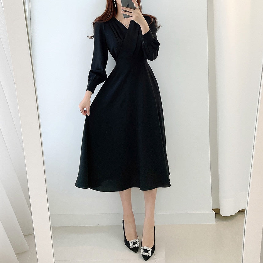 Elegantes Damenkleid mit Puffärmeln V-Ausschnitt A-Linie