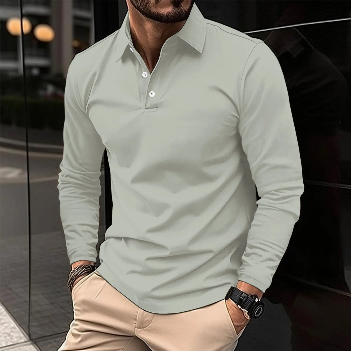 Herren Langarm Polo-Shirt Lässig Baumwolle Weiß