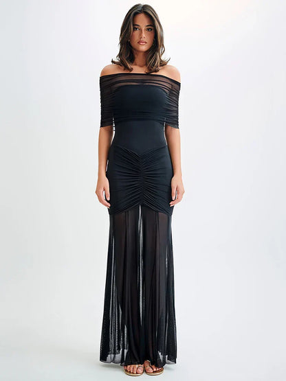 Damen Maxi-Kleid Off-Shoulder Mesh Elegantes Design - Norvielle