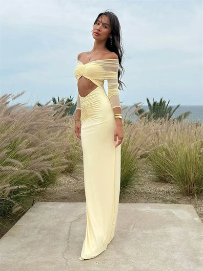 Damen Maxikleid Schulterfrei Cut-Out Länge Langärmlig