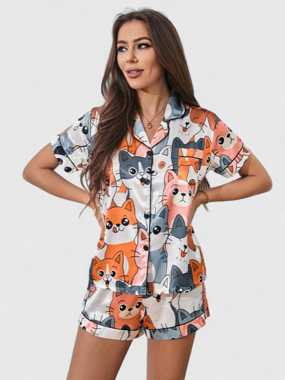 Damen Kurzarm Pyjama Set Katzenmotiv