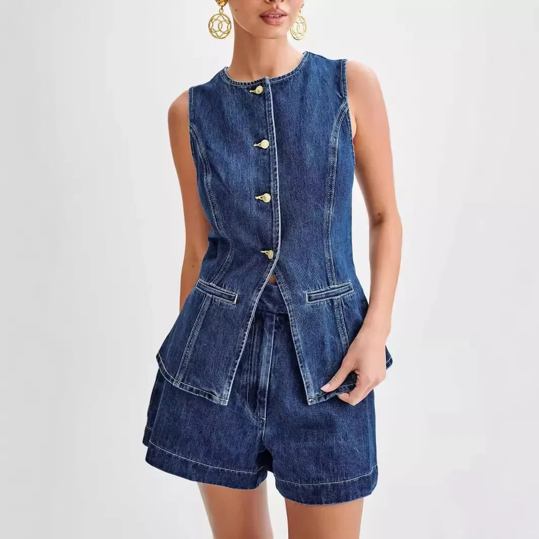 Damen Denim-Zweiteiler-Set mit Weste und Shorts - Norvielle