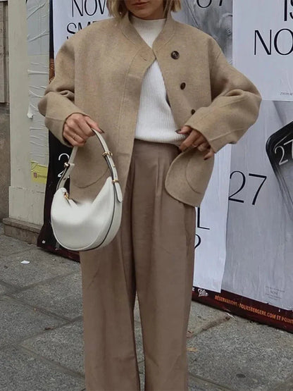 Damen Oversized Wolljacke Asymmetrisch Große Taschen