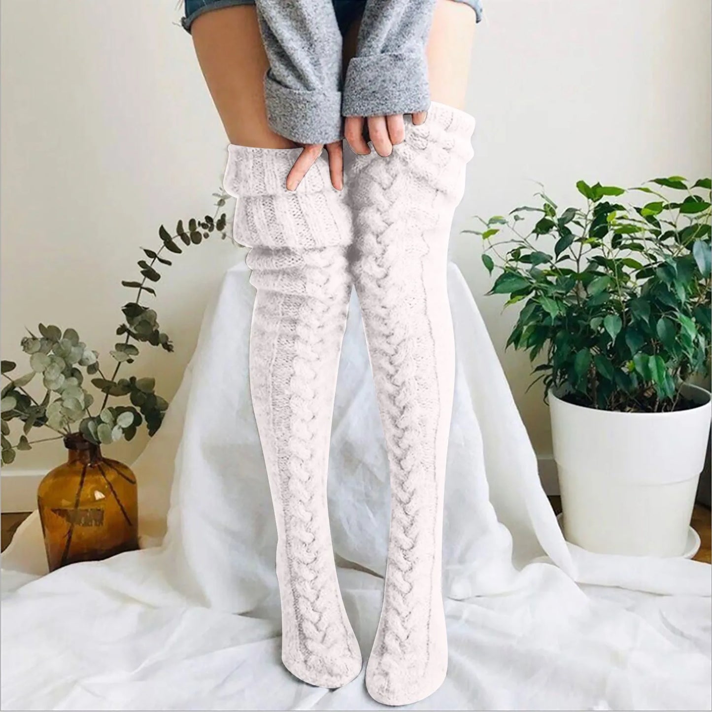 Damen Overknee Stricksocken Warm Weich Zopfmuster Beige
