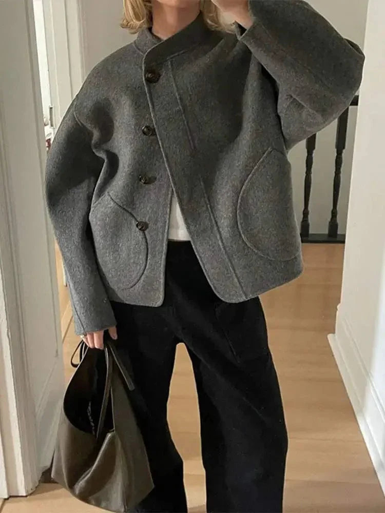 Damen Oversized Wolljacke Asymmetrisch Große Taschen