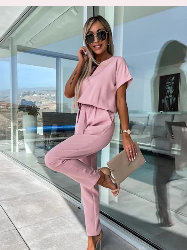 Norvielle Damen Jumpsuit Kurzärmelig Mit Gürtel Elegant