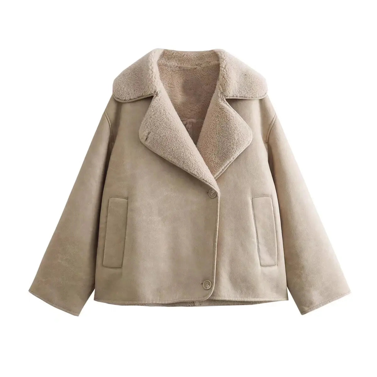Damen Oversized Jacke Fleecefutter Großer Reverskragen Schwarz - Norvielle