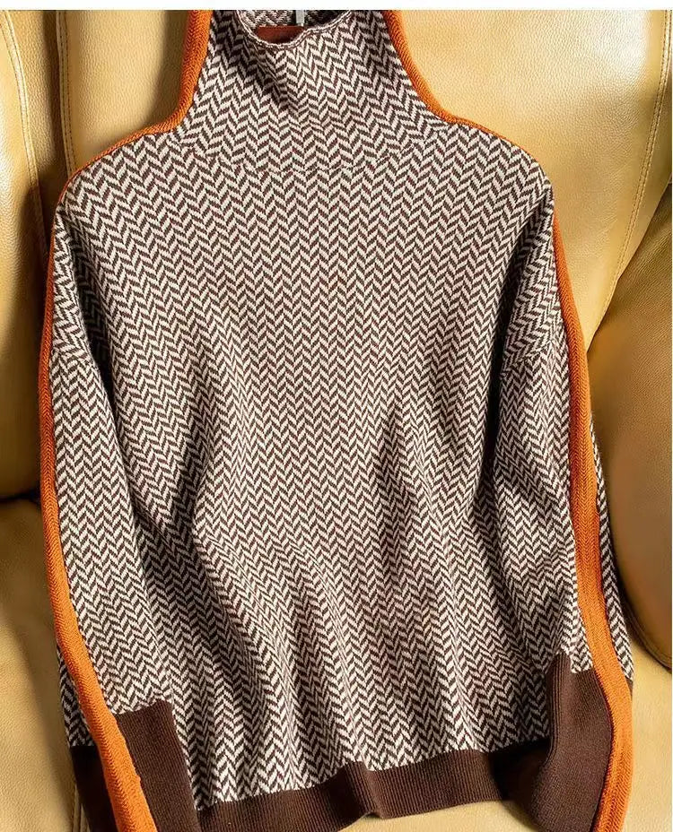 Damen Rollkragenpullover Fischgrät Muster Weich Grau - Norvielle