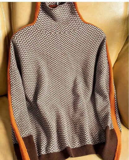 Damen Rollkragenpullover Fischgrät Muster Weich Grau - Norvielle