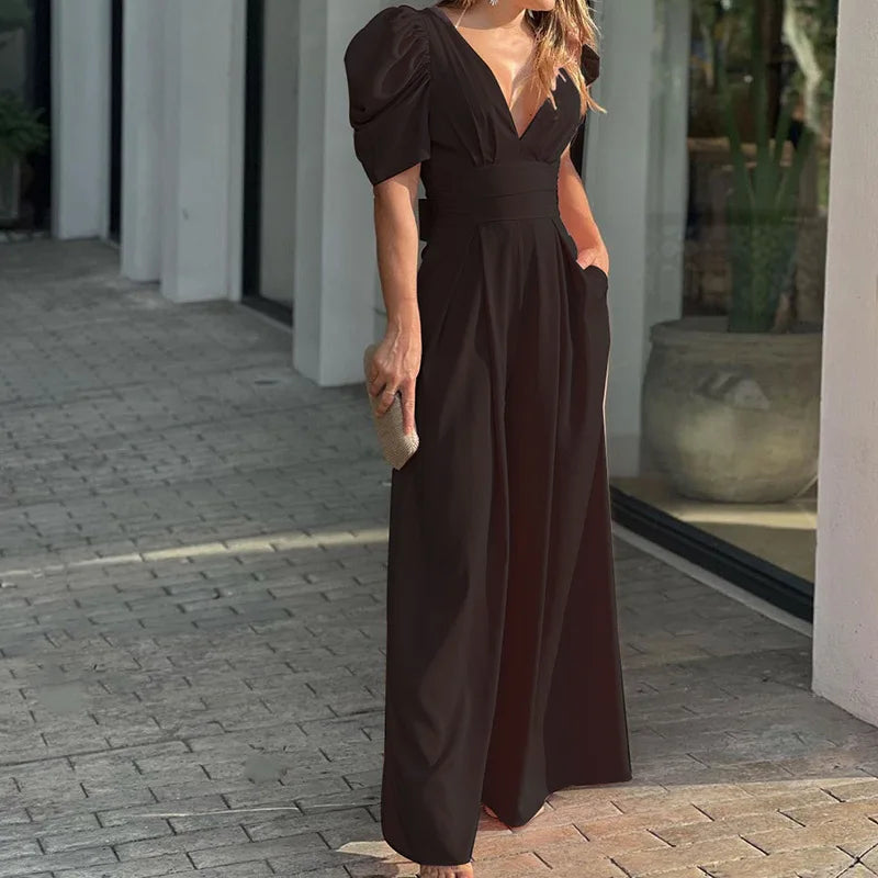 Norvielle Damen Jumpsuit Puffärmel Elegent