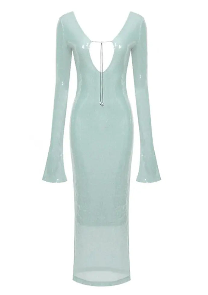 Mintgrünes Damenkleid mit Spitze und langen Ärmeln