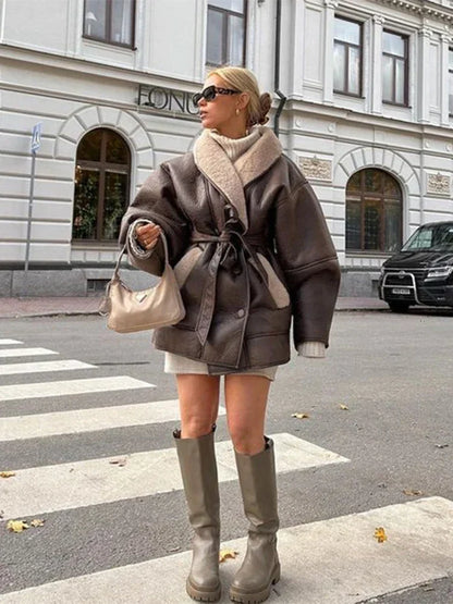 Damen Kunstledermantel Oversized Leder-Look Fleece