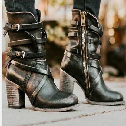 Damen Stiefeletten Chunky Schnallen Reißverschluss Schwarz - Norvielle