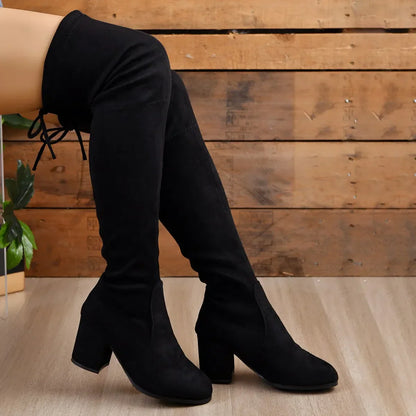 Damen Overknee Stiefel Blockabsatz Hoch Schaft Schwarz - Norvielle
