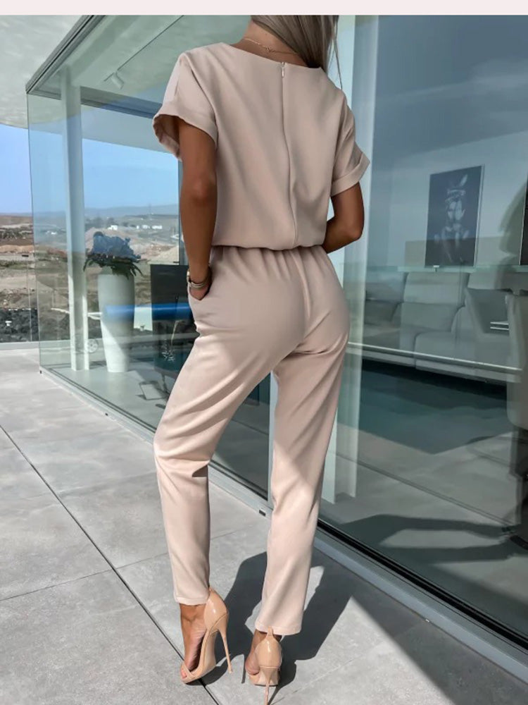 Norvielle Damen Jumpsuit Kurzärmelig Mit Gürtel Elegant