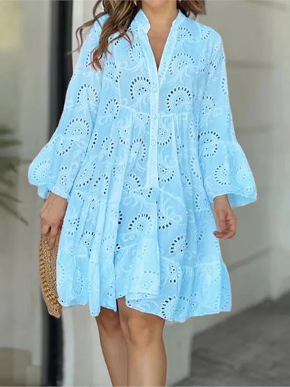 Damen Spitzenkleid Boho-Stil Knopfleiste Weite Ärmel
