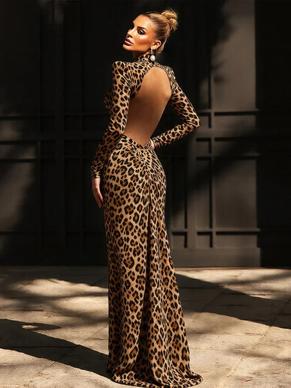 Leondra Damen Maxikleid Leopard Rückenfrei Abendkleid Schwarz - Norvielle