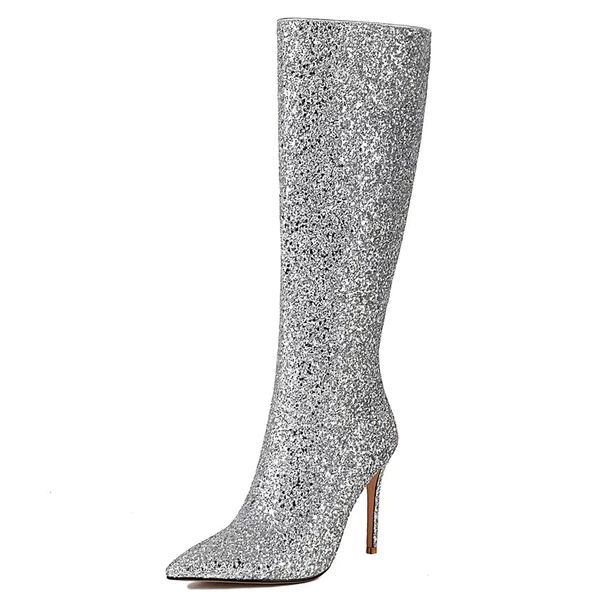 Lunéa Damen Glitzerstiefel Kniehoch Spitze Stiletto