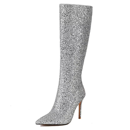 Lunéa Damen Glitzerstiefel Kniehoch Spitze Stiletto