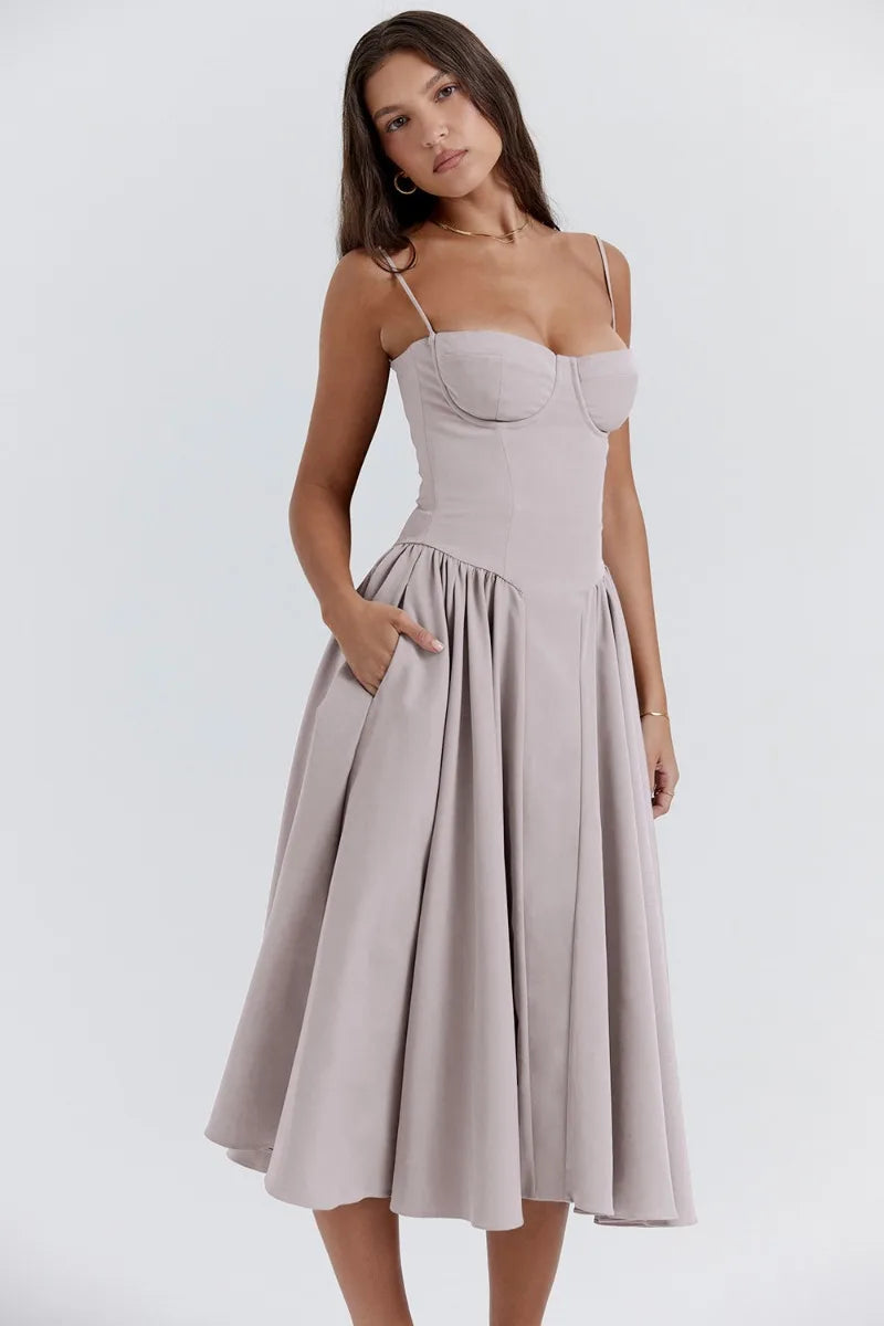 Damen Midikleid Träger Freirücken Kleid
