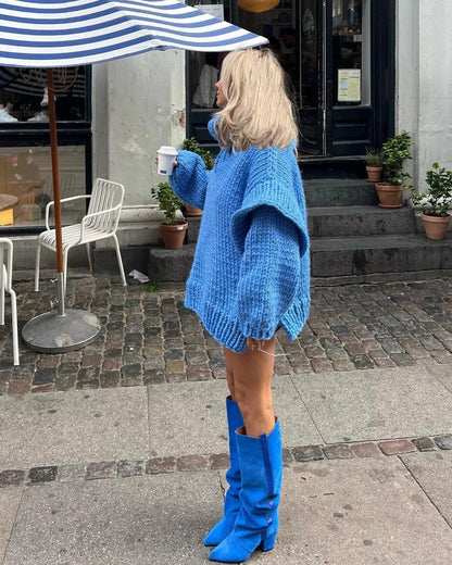Damen Oversize Rollkragen Strickpullover Grobgestrickt