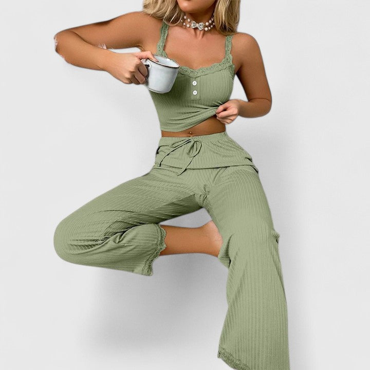 Damen Pyjama-Set Gerippt Spitzenbesatz