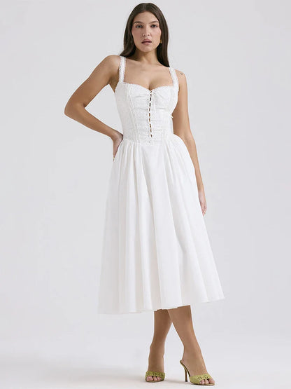 Damen Leinen Sommerkleid Luftig Romantisch Weiß