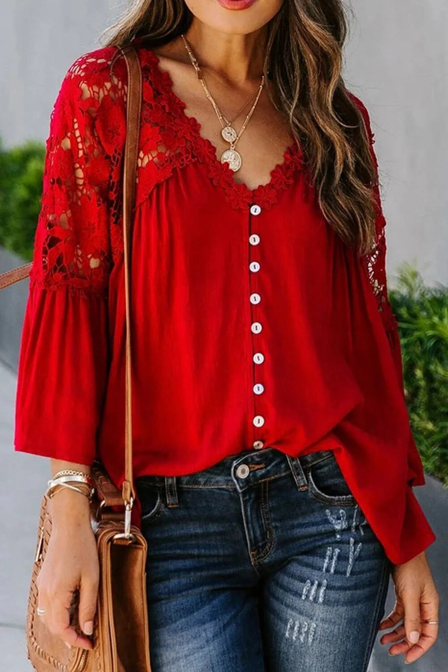 Damen V-Ausschnitt Bluse Spitze Ärmel Blumenmuster Elegante Bluse