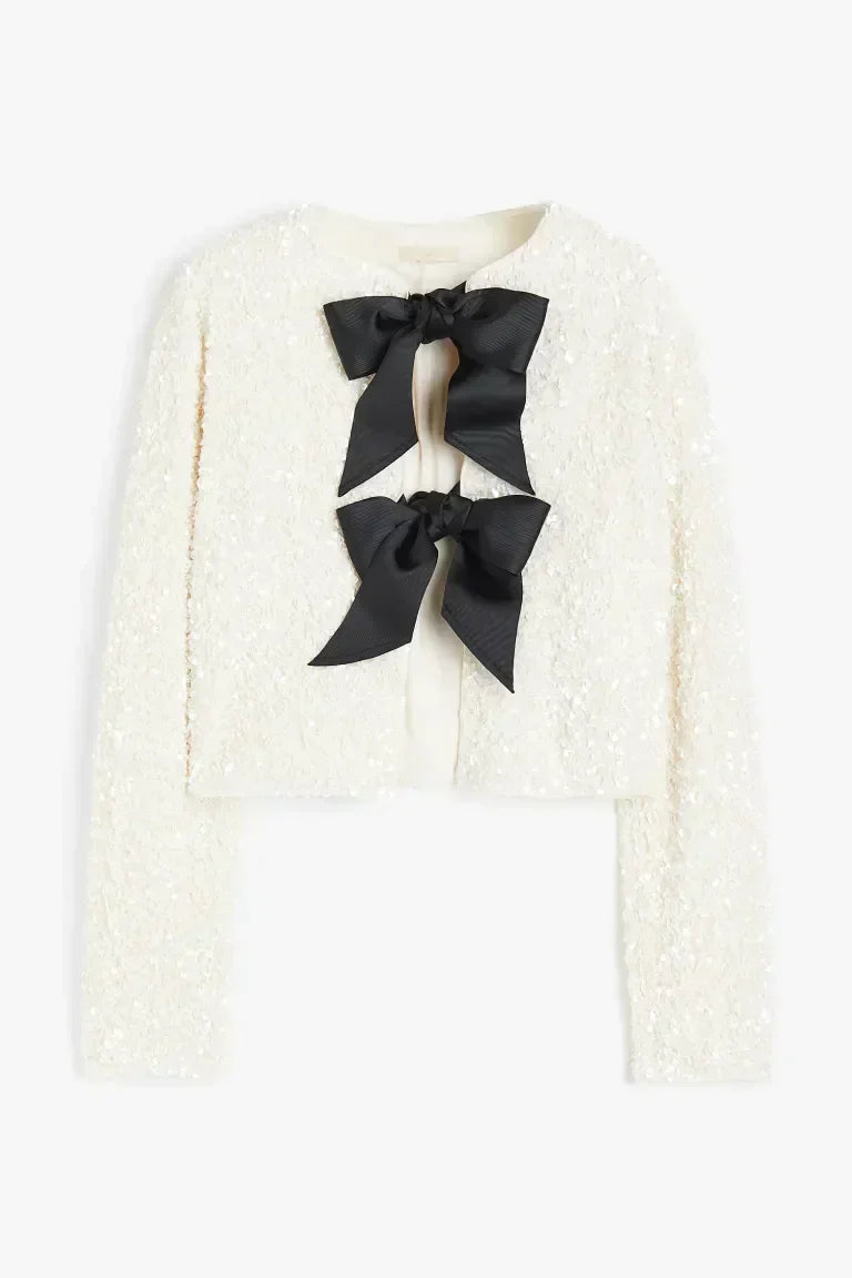 Noëlle Sparkle Glitzer Cardigan in Weiß mit Schleifen
