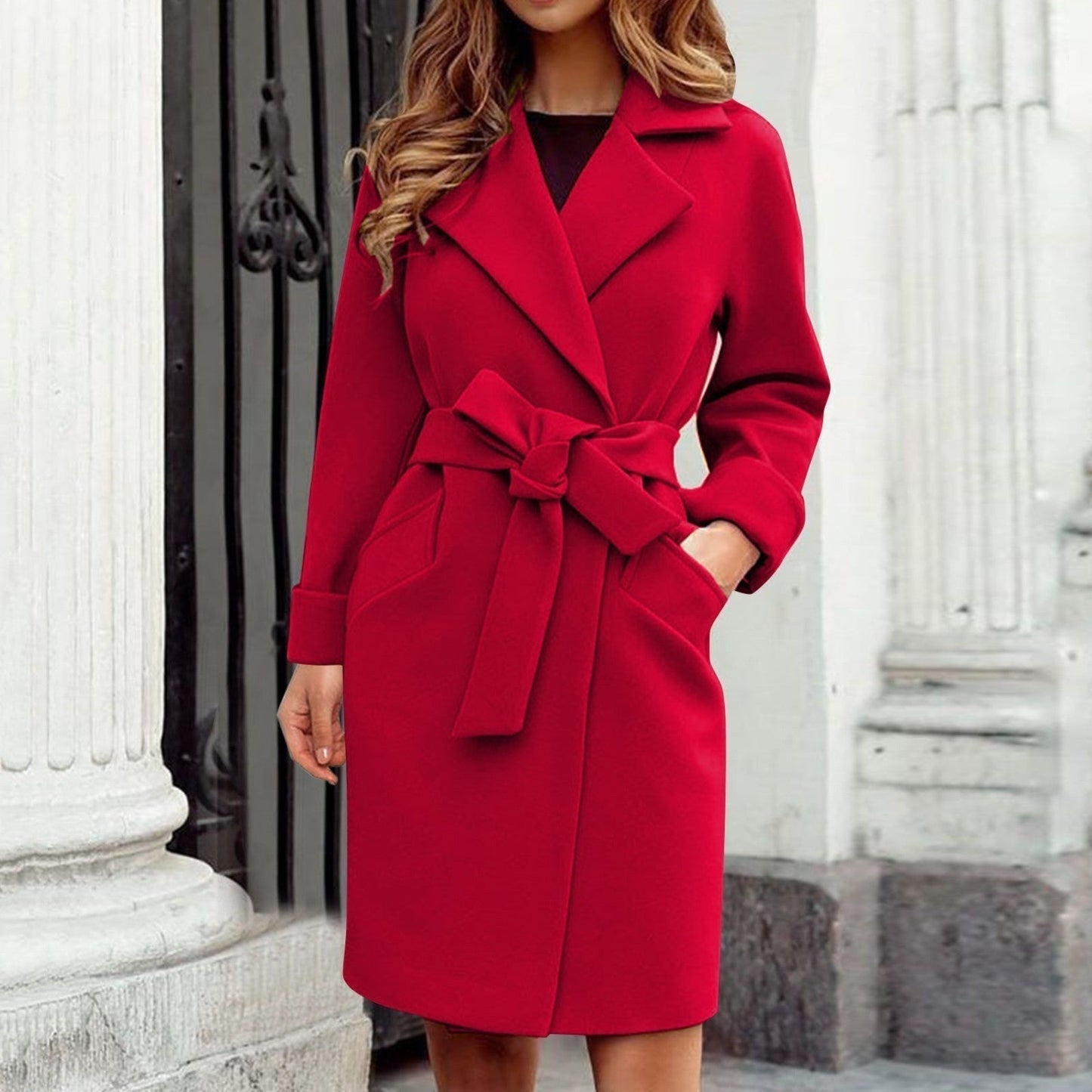 Damen Trenchcoat Wollmischung Knielang mit Bindegürtel