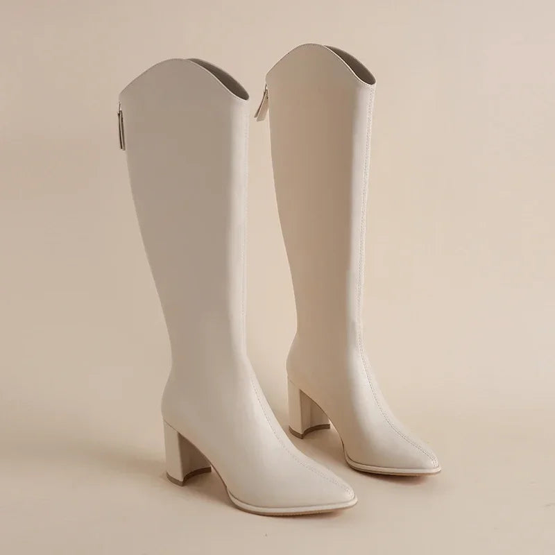Damen Stiefel Knee High mit Reißverschluss Blockabsatz